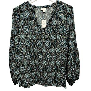 J. Jill Medallion-Printed Shirred Top PLUS 2X Pullover Full Raglan Sleeves NEW